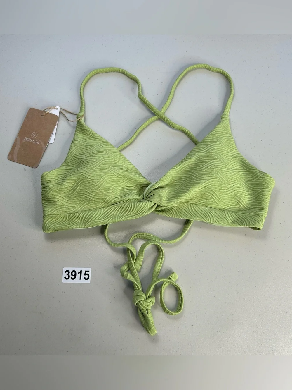 Berlook Small Light Green Textured Twist Cross Back Bikini Top New